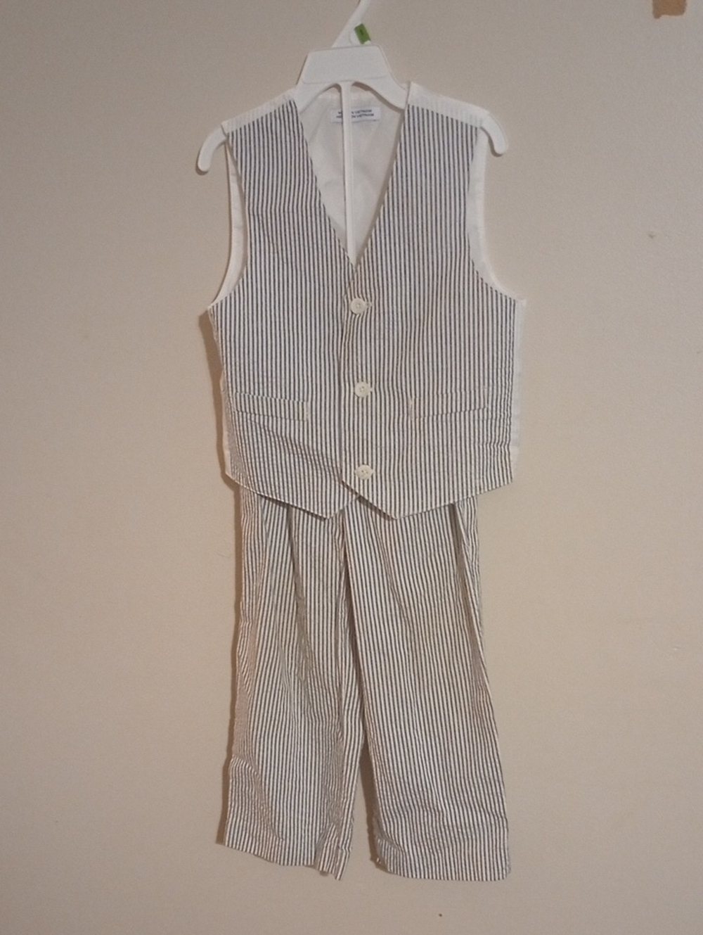 Boys Striped Seersucker Vest & Pants Set - White and Navy Size 4T